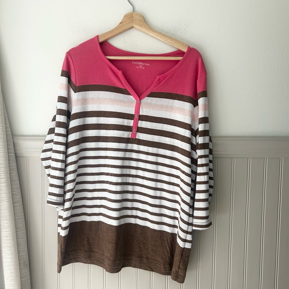 Croft & Barrow 1X Pink Brown Striped 3/4 Sleeve Plus Size Shirt